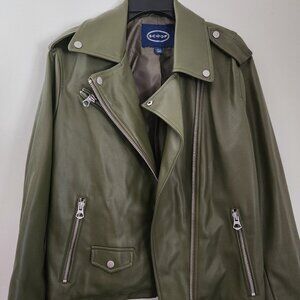 Scoop Women's Moto Jacket Faux Leather Asymmetrical Olive Night Size L. NWOT